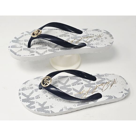 Michael Kors Jet Set Flip Flop Sandals Womens Size 8 Navy White Gold MK Logo - Picture 1 of 7